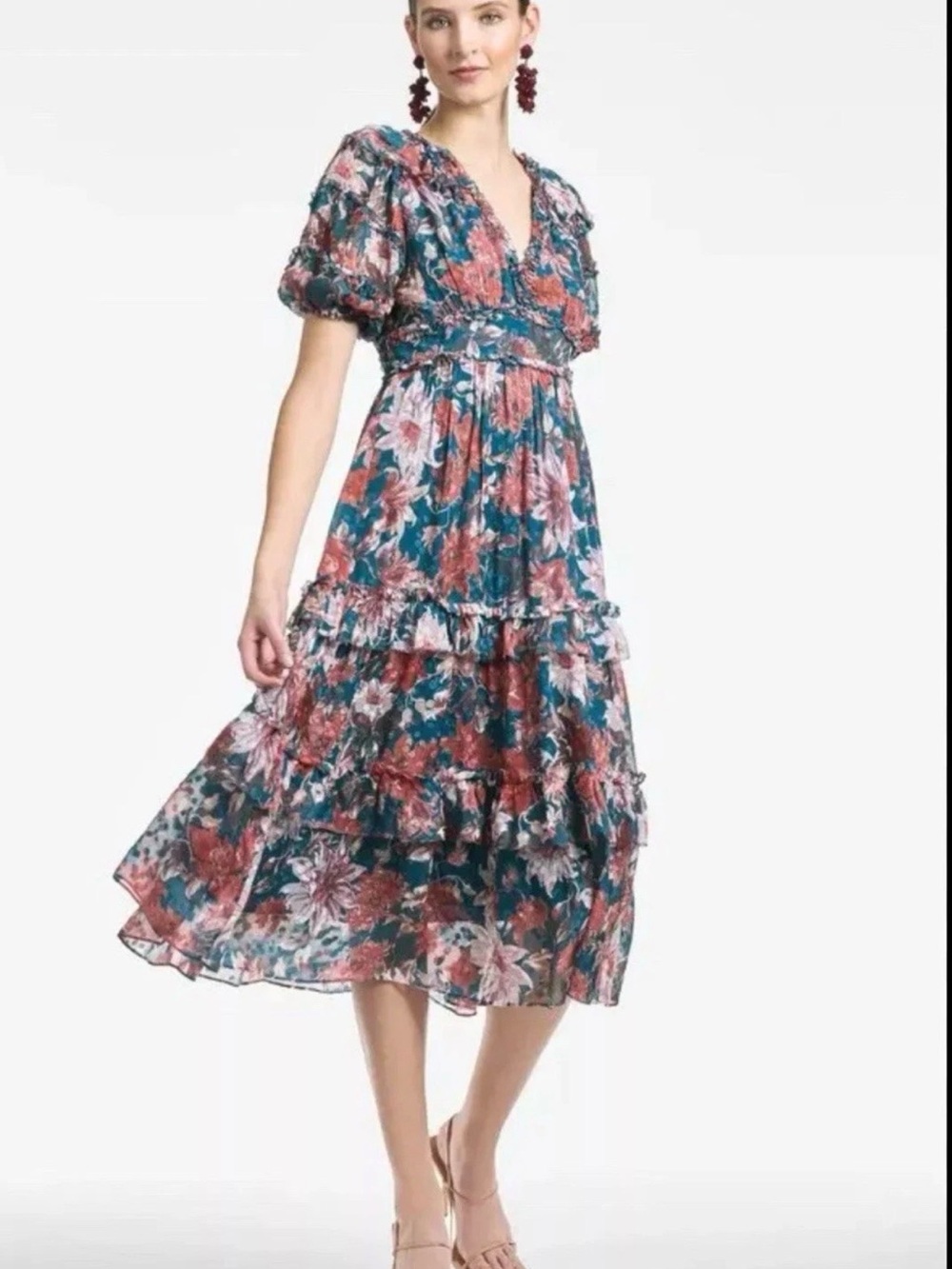 Sachin + Babi veronica Teal and Coral Floral Tiered Midi Dress Size 0 New